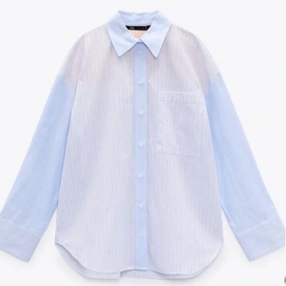 ZARA Blue and Beige Oversized Patchwork Shirt Size XS NWT - Picture 8 of 10